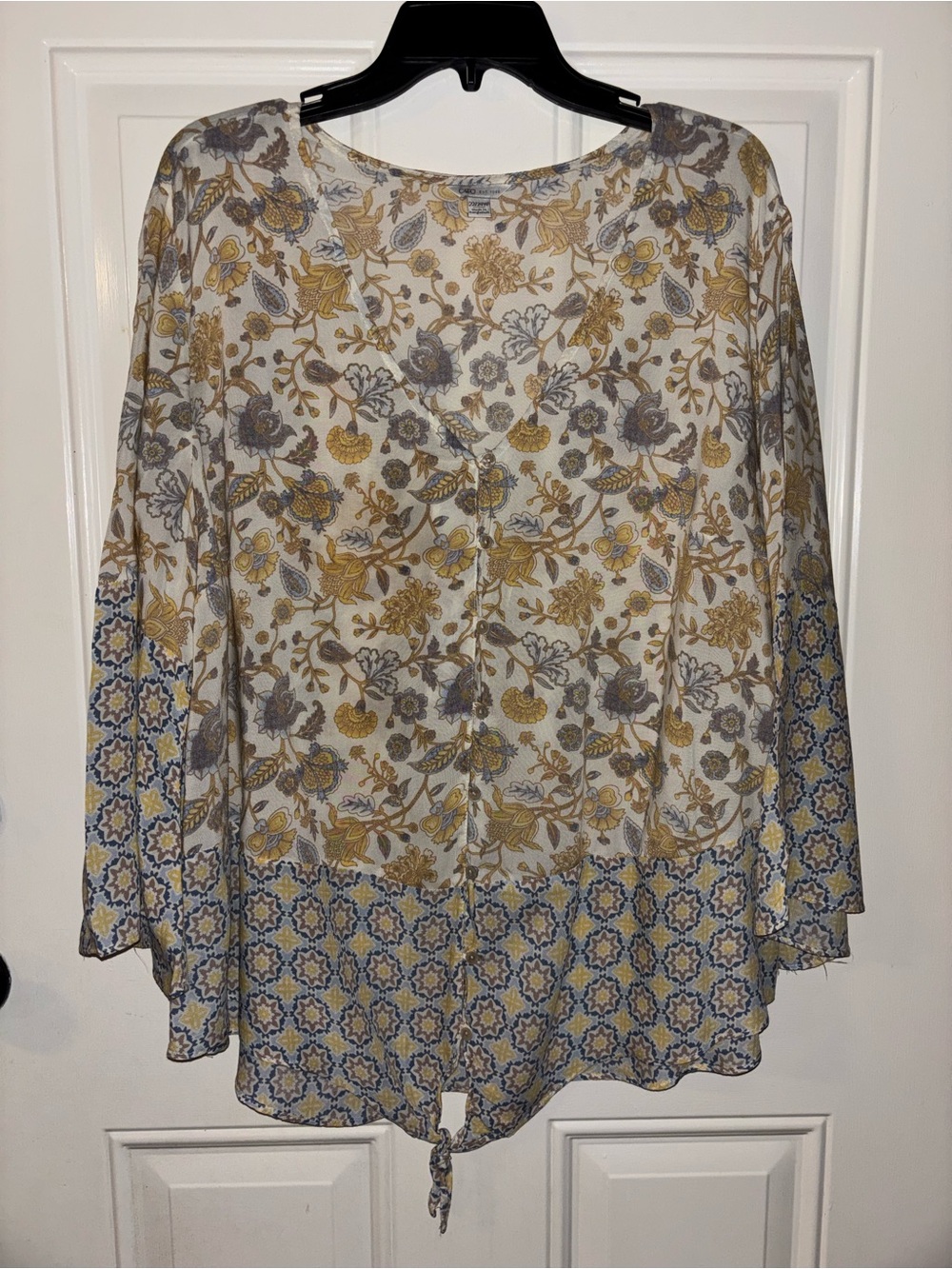 Cato Floral Tie-Front Blouse - White, Mustard & Gray
